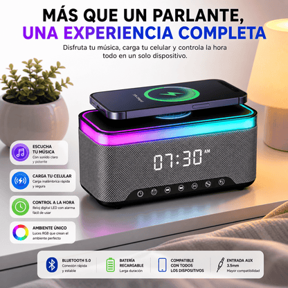 Parlante Bluetooth con Carga Inalámbrica, Reloj LED y Luces RGB