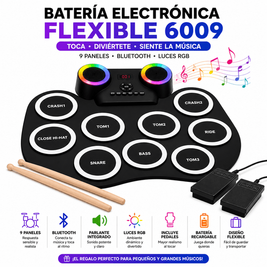 Batería Electrónica Flexible | Bluetooth, Luces RGB y Pedales