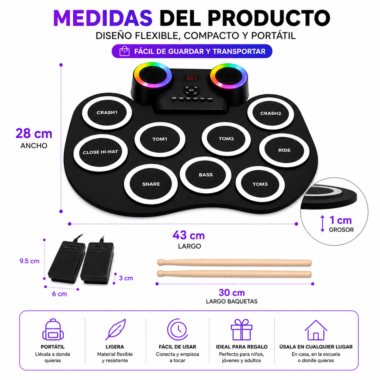 Batería Electrónica Flexible | Bluetooth, Luces RGB y Pedales