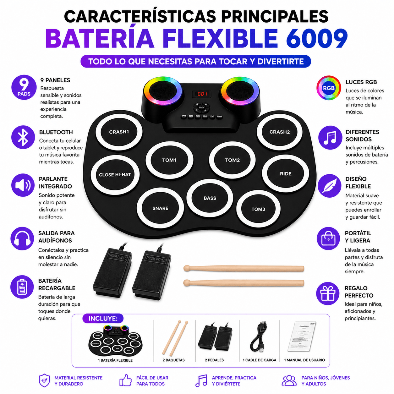 Batería Electrónica Flexible | Bluetooth, Luces RGB y Pedales