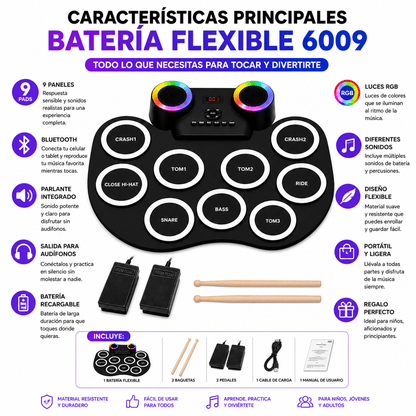 Batería Electrónica Flexible | Bluetooth, Luces RGB y Pedales
