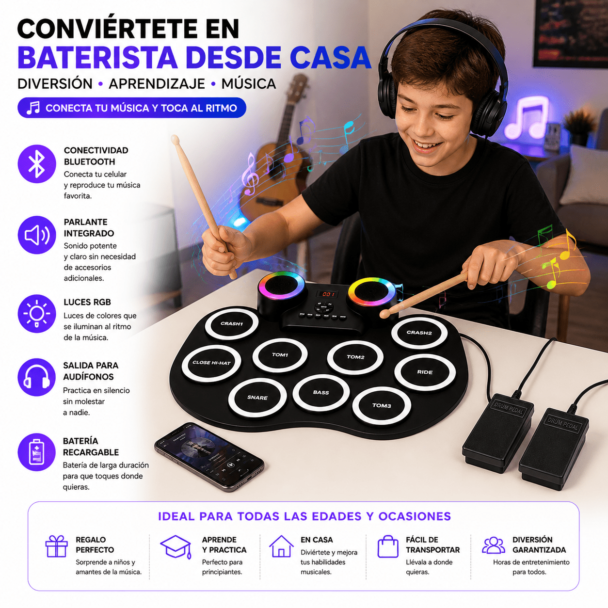 Batería Electrónica Flexible | Bluetooth, Luces RGB y Pedales