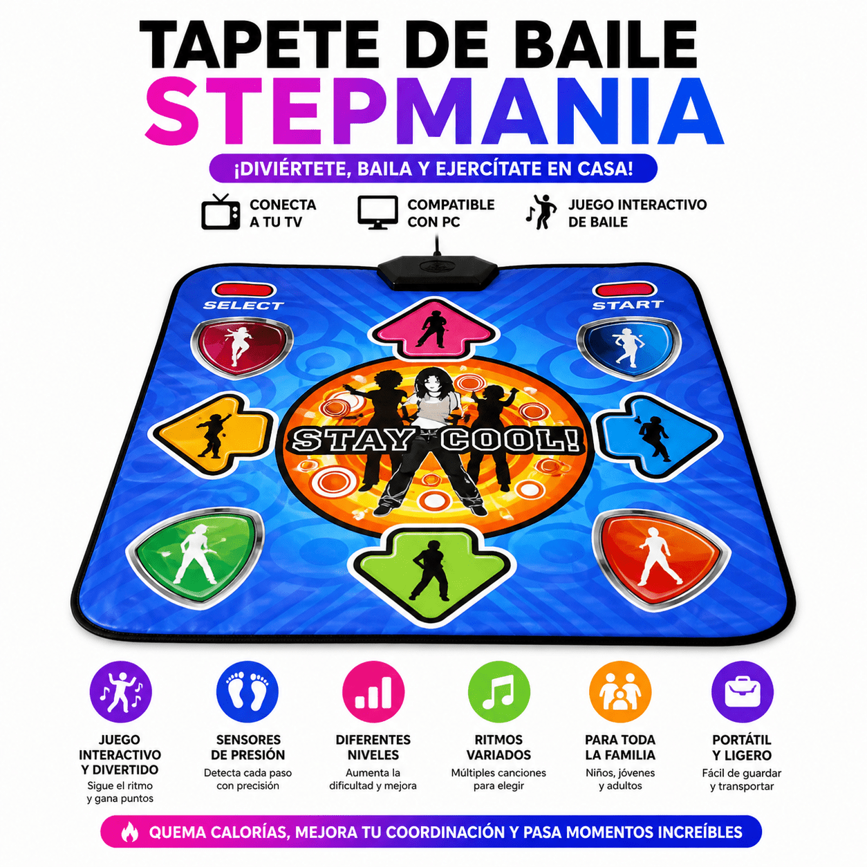 Tapete de Baile Stepmania para TV y PC con Sensores de Movimiento