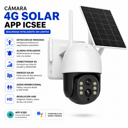 Cámara de Seguridad 4G Solar con App ICSEE, Detección de Personas y Audio Bidireccional UHD