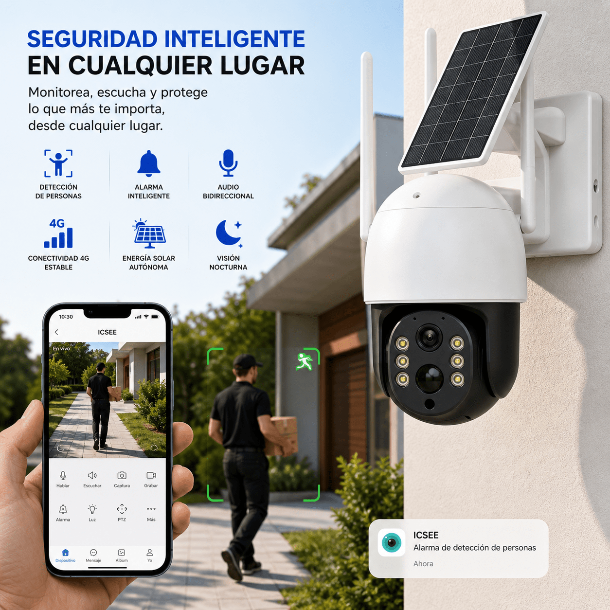 Cámara de Seguridad 4G Solar con App ICSEE, Detección de Personas y Audio Bidireccional UHD