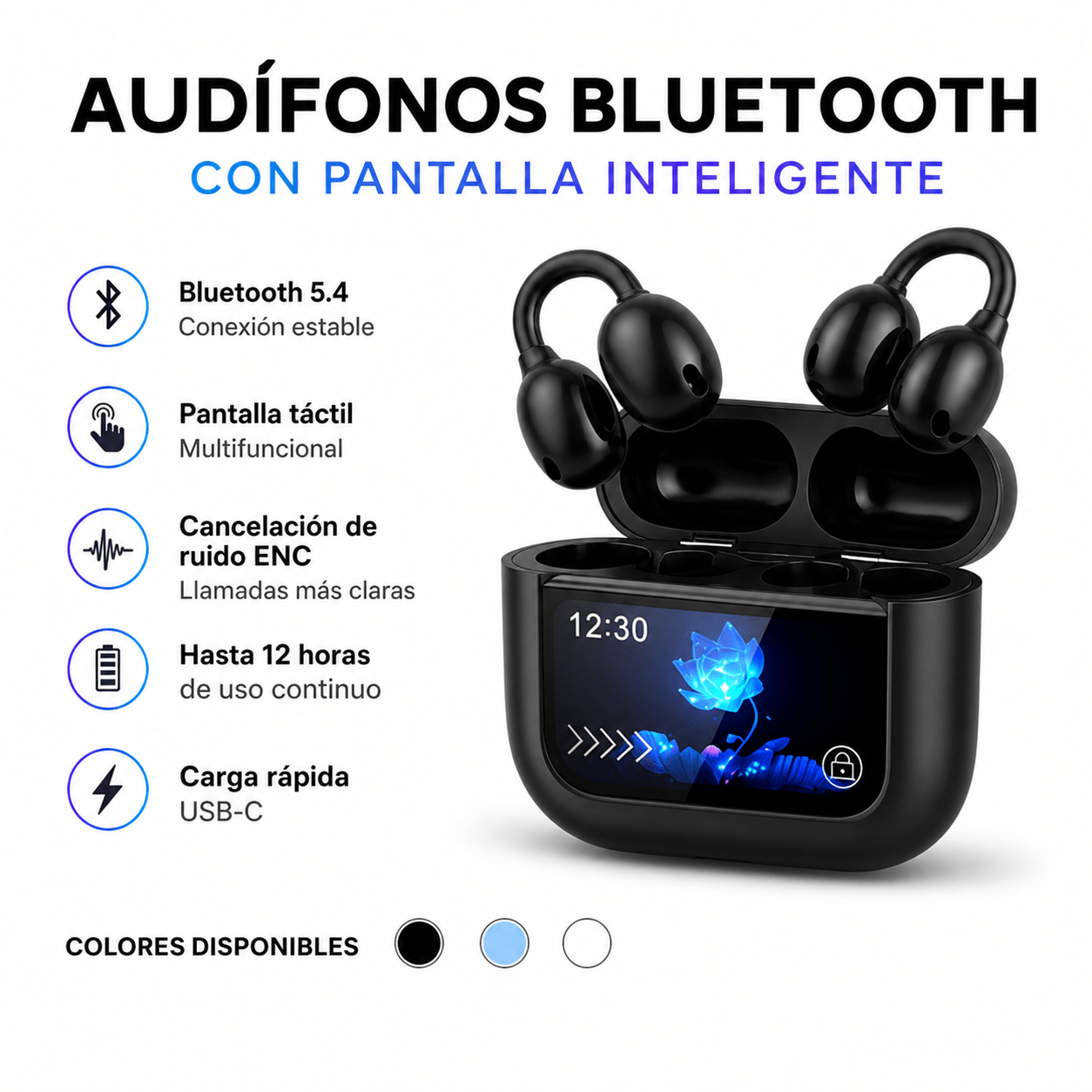 Audífonos Bluetooth Deportivos con Pantalla Táctil y Cancelación de Ruido