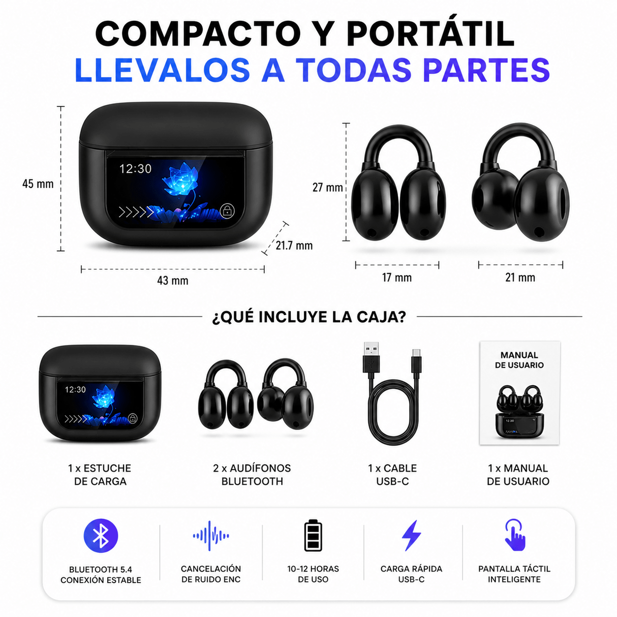 Audífonos Bluetooth Deportivos con Pantalla Táctil y Cancelación de Ruido