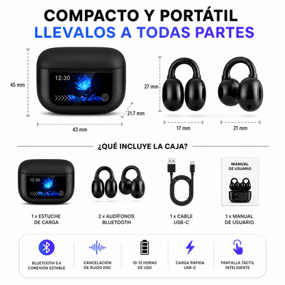 Audífonos Bluetooth Deportivos con Pantalla Táctil y Cancelación de Ruido