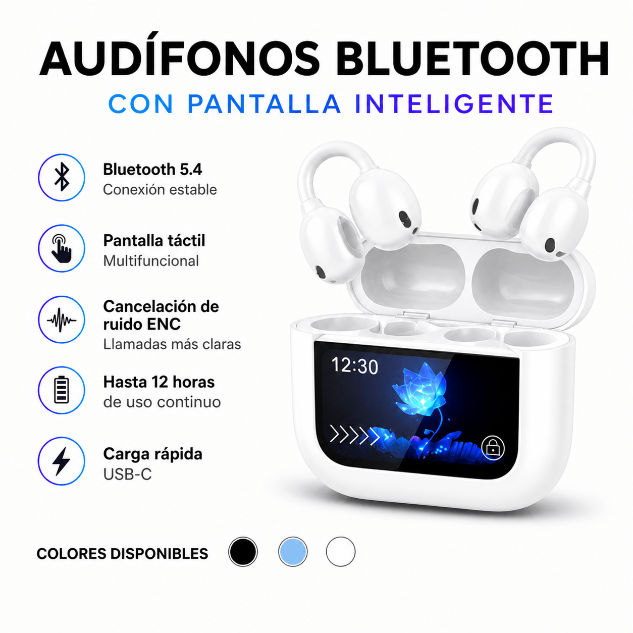 Audífonos Bluetooth Deportivos con Pantalla Táctil y Cancelación de Ruido