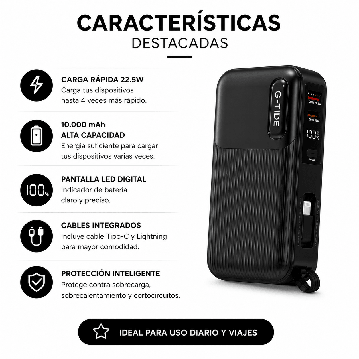 Power Bank 10.000 mAh con Enchufe Integrado y Carga Rápida 22.5W