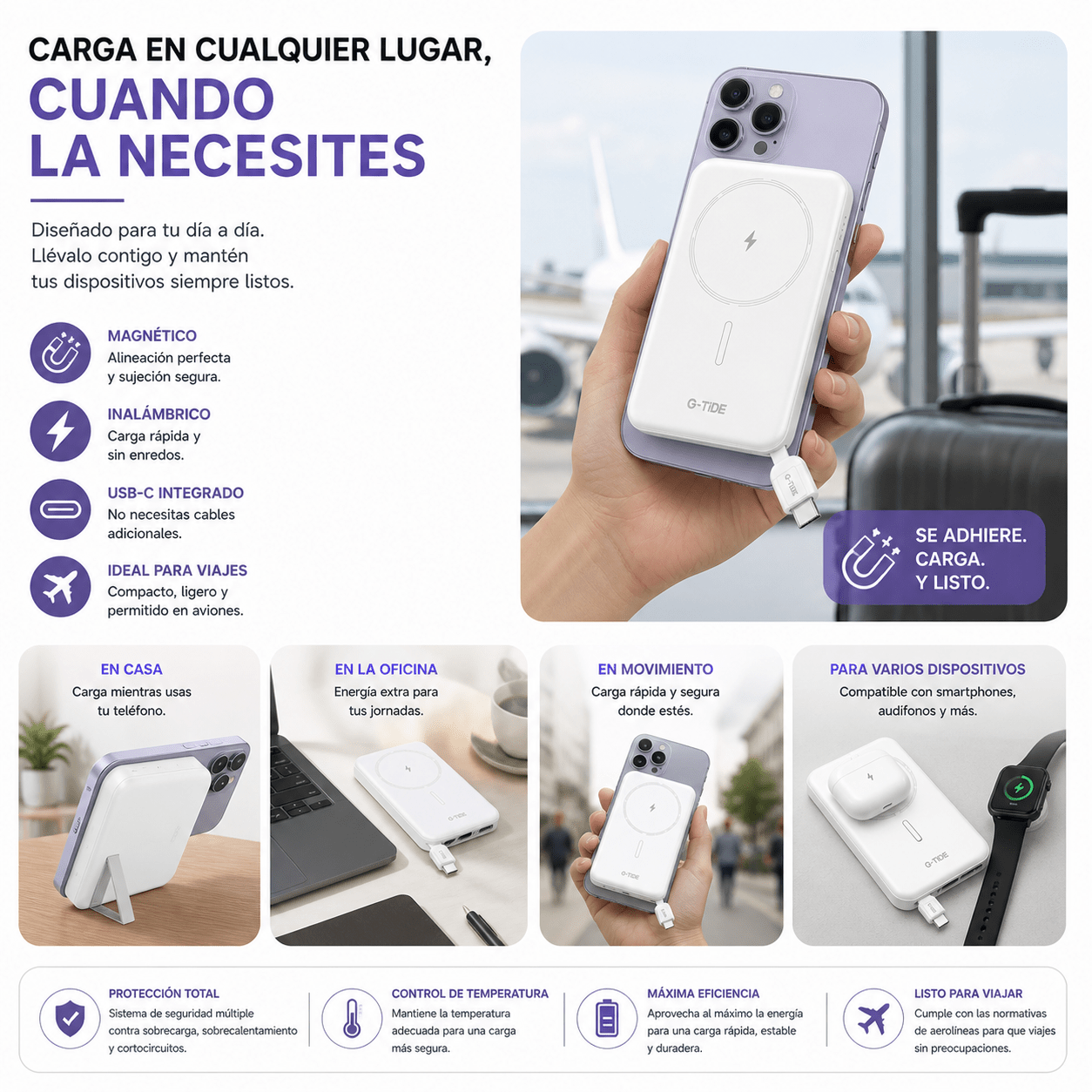 Power Bank Slim 5.000 mAh Inalámbrico con Cable Tipo-C y Carga Rápida 20W