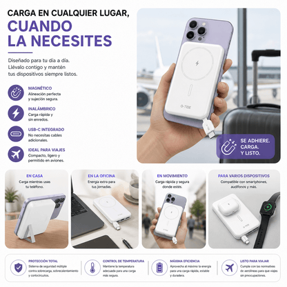 Power Bank Slim 5.000 mAh Inalámbrico con Cable Tipo-C y Carga Rápida 20W