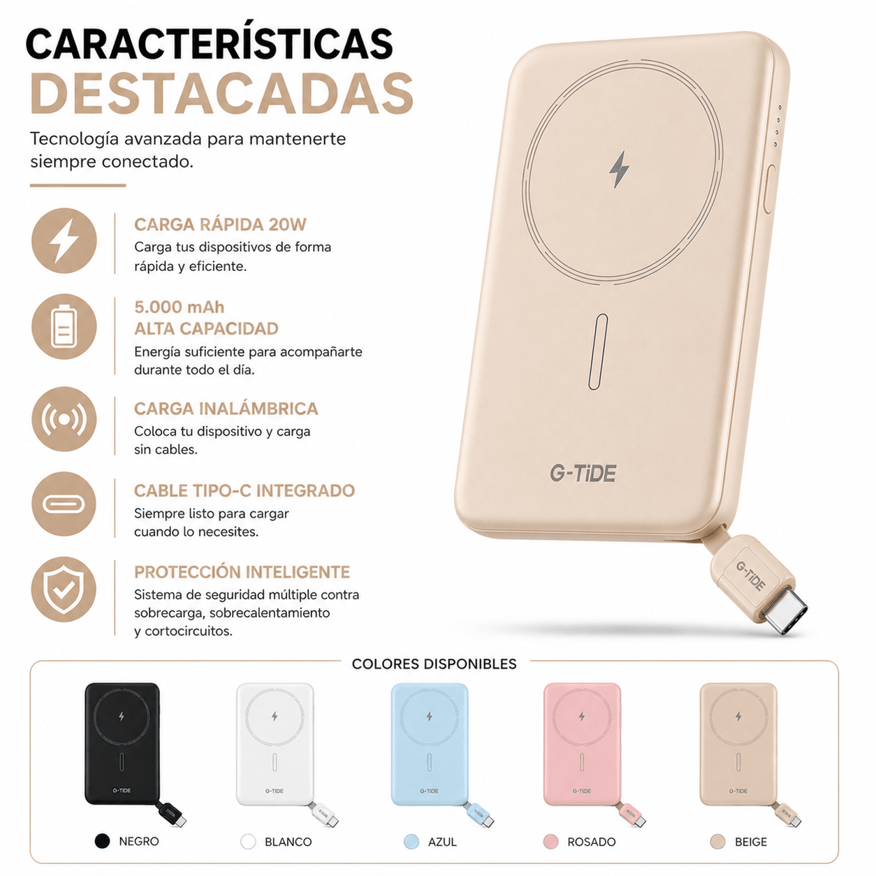 Power Bank Slim 5.000 mAh Inalámbrico con Cable Tipo-C y Carga Rápida 20W