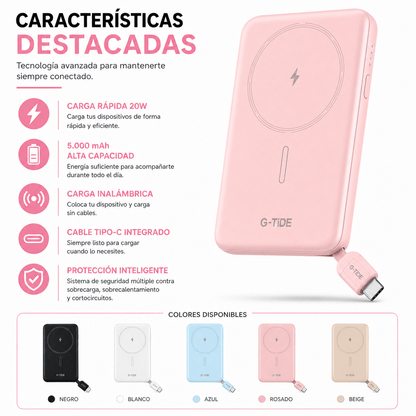 Power Bank Slim 5.000 mAh Inalámbrico con Cable Tipo-C y Carga Rápida 20W