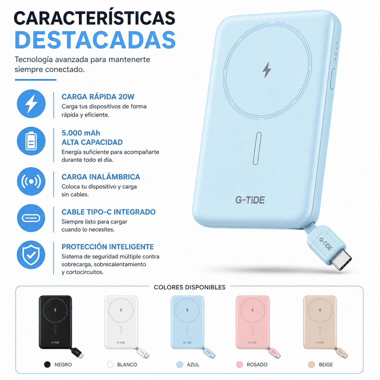 Power Bank Slim 5.000 mAh Inalámbrico con Cable Tipo-C y Carga Rápida 20W