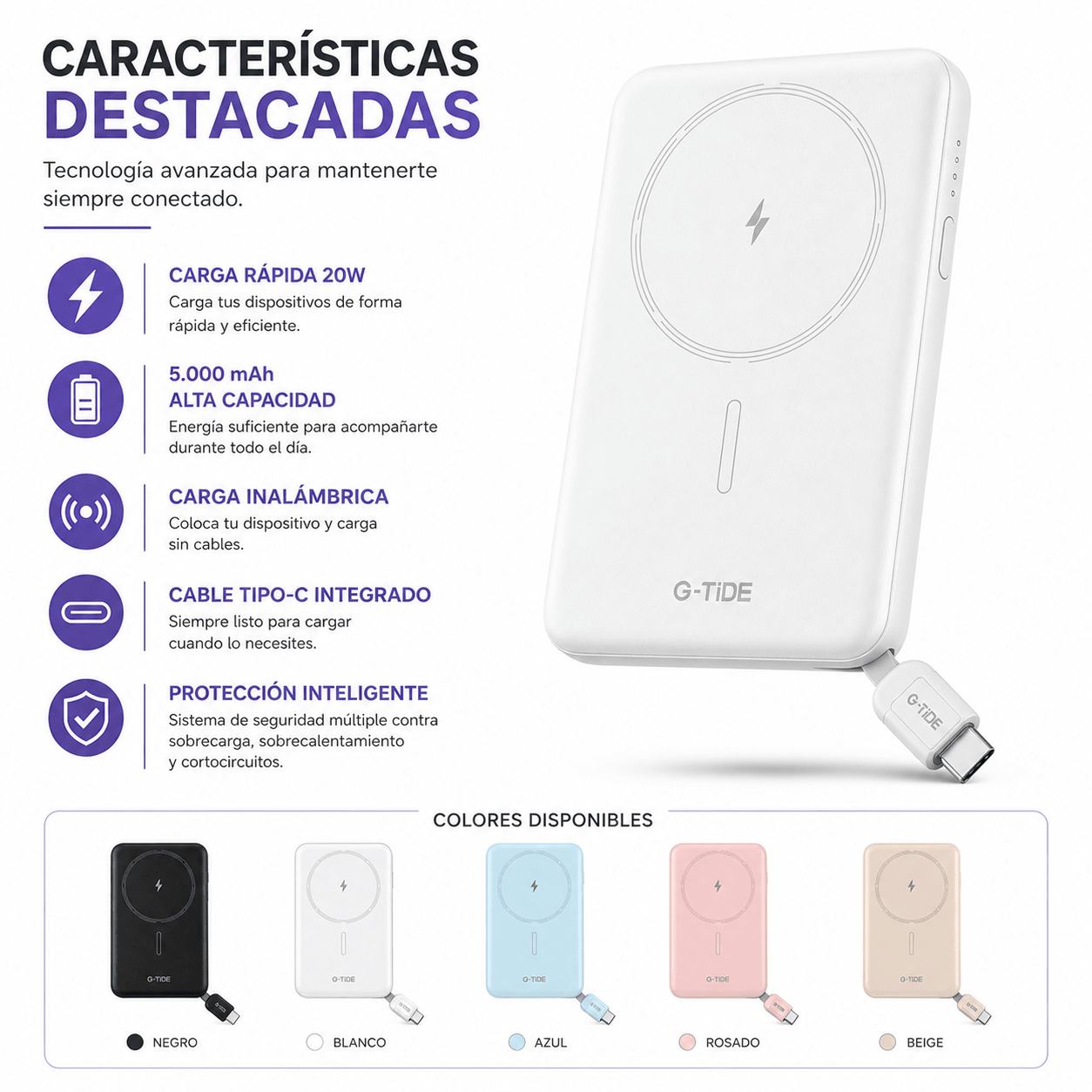 Power Bank Slim 5.000 mAh Inalámbrico con Cable Tipo-C y Carga Rápida 20W