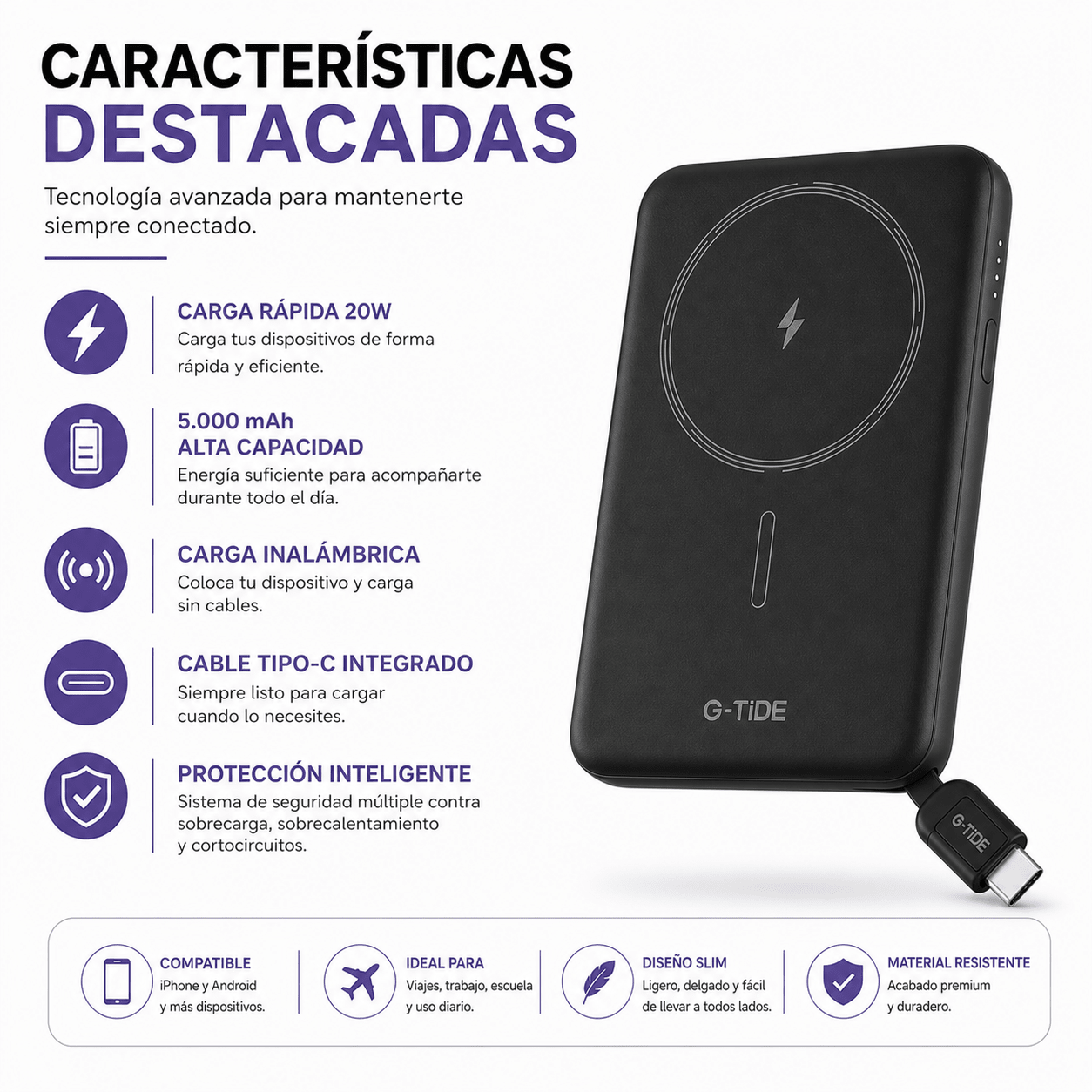 Power Bank Slim 5.000 mAh Inalámbrico con Cable Tipo-C y Carga Rápida 20W
