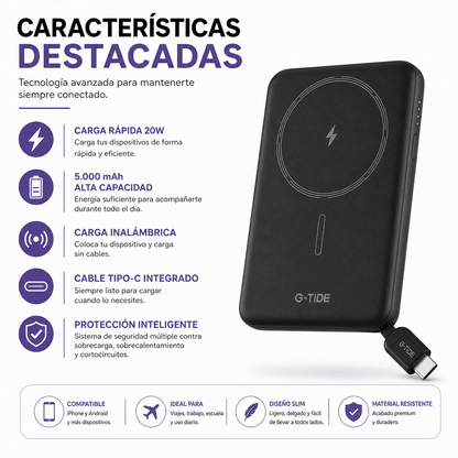 Power Bank Slim 5.000 mAh Inalámbrico con Cable Tipo-C y Carga Rápida 20W