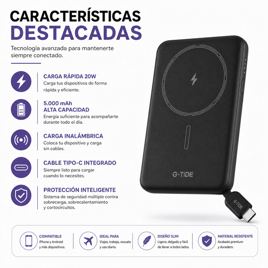 Power Bank Slim 5.000 mAh Inalámbrico con Cable Tipo-C y Carga Rápida 20W