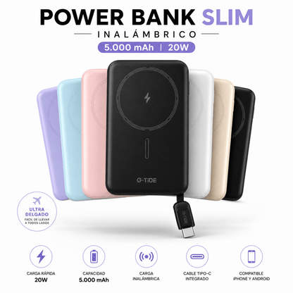 Power Bank Slim 5.000 mAh Inalámbrico con Cable Tipo-C y Carga Rápida 20W