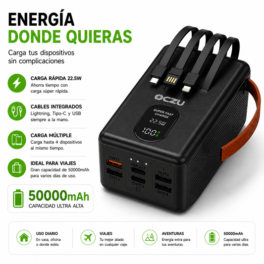 Power Bank 50000 mAh 22.5W con Cables Integrados y Carga Rápida Ultra