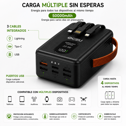 Power Bank 50000 mAh 22.5W con Cables Integrados y Carga Rápida Ultra
