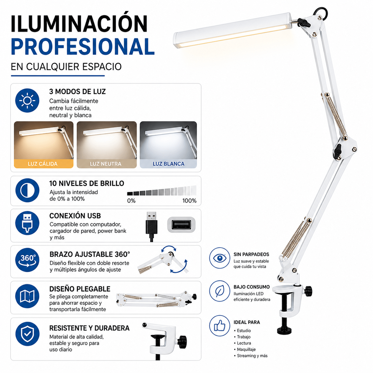 Lámpara LED de Escritorio Ajustable 3 Modos de Luz con Control USB y Brazo Flexible