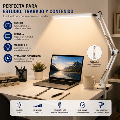 Lámpara LED de Escritorio Ajustable 3 Modos de Luz con Control USB y Brazo Flexible