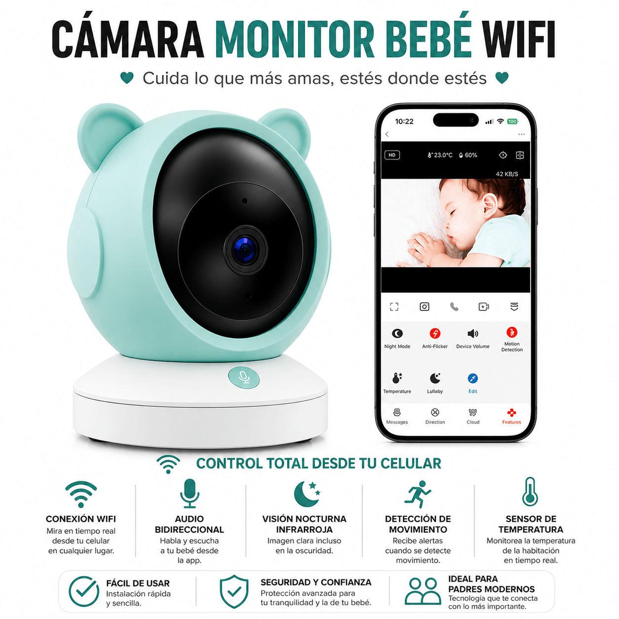 Cámara Monitor Bebé WiFi con Audio Bidireccional y Visión Nocturna