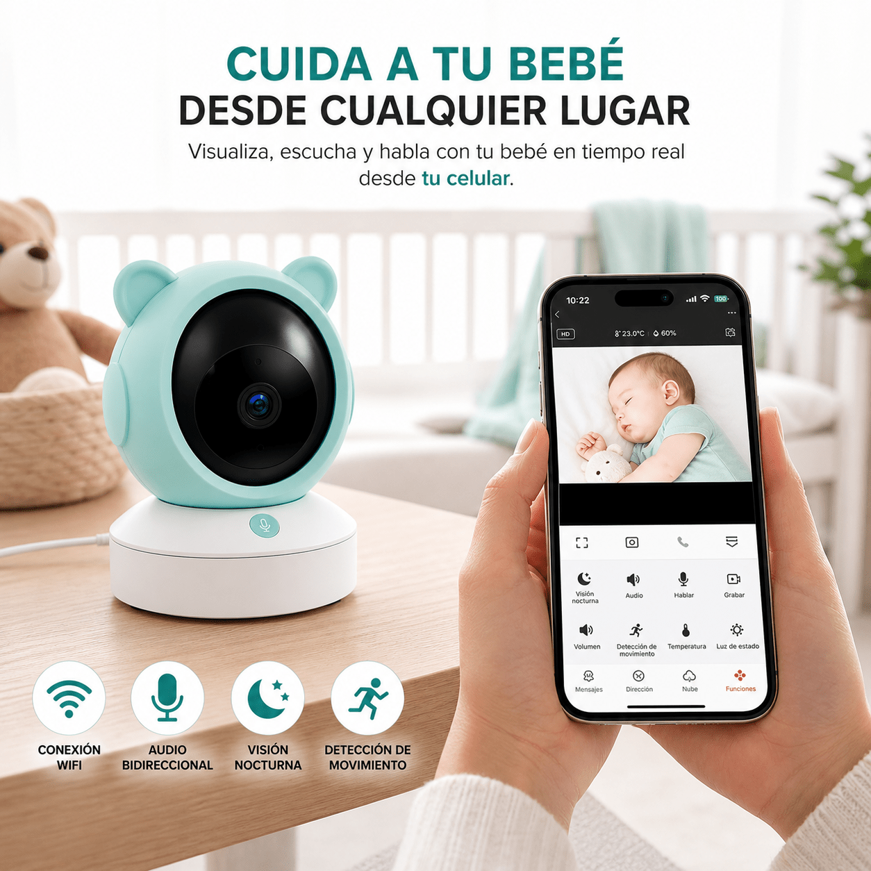 Cámara Monitor Bebé WiFi con Audio Bidireccional y Visión Nocturna