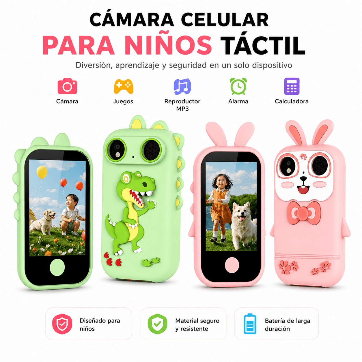 Cámara Celular Infantil Táctil con Juegos, Cámara HD y MP3 | Diseño Seguro para Niños