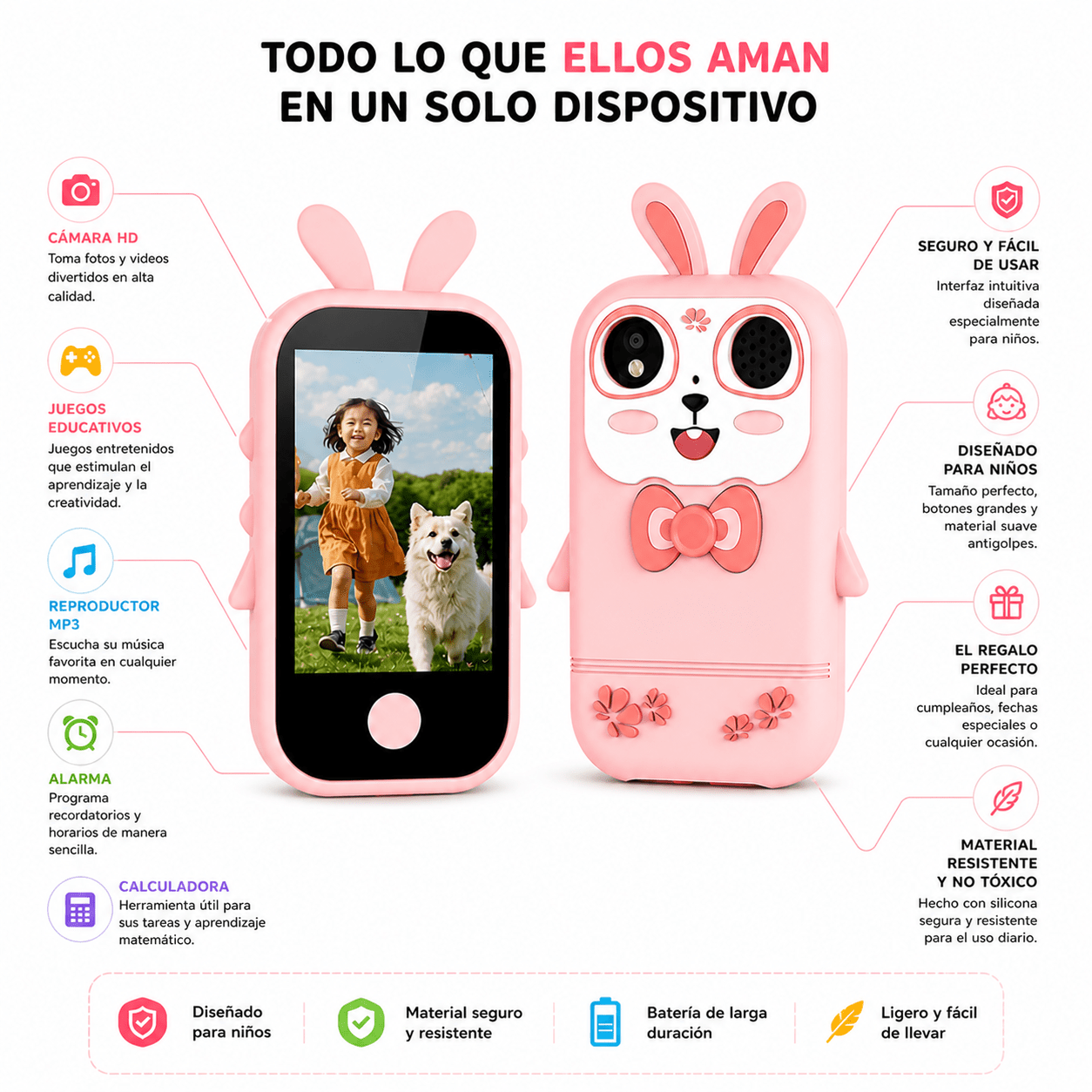 Cámara Celular Infantil Táctil con Juegos, Cámara HD y MP3 | Diseño Seguro para Niños