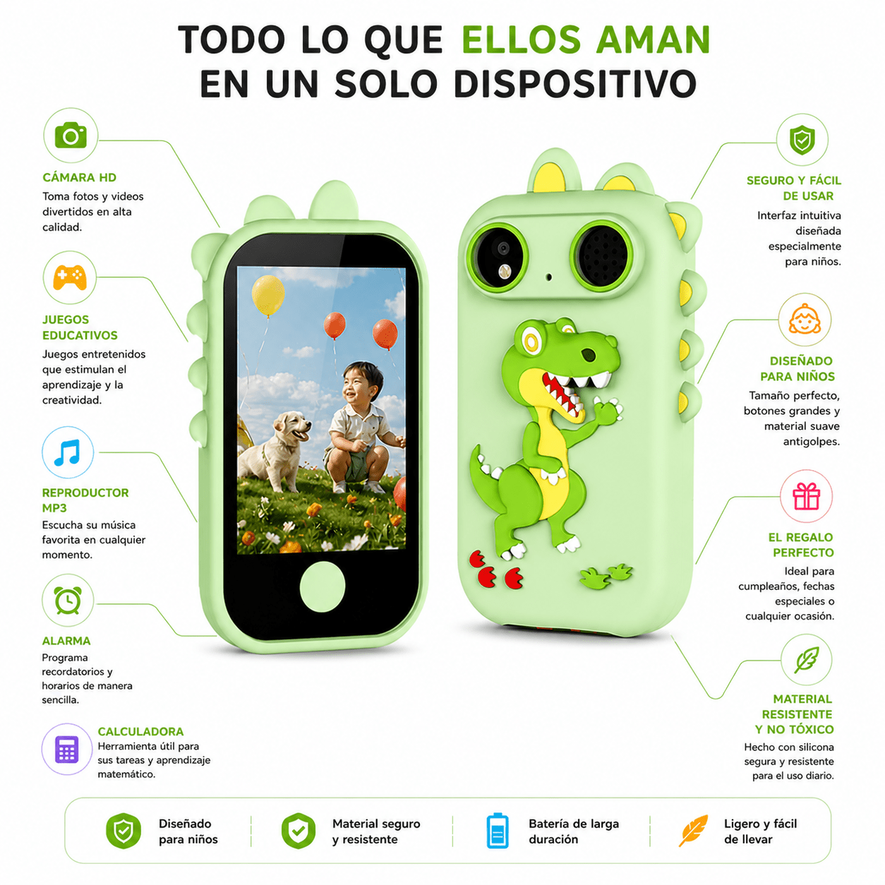 Cámara Celular Infantil Táctil con Juegos, Cámara HD y MP3 | Diseño Seguro para Niños