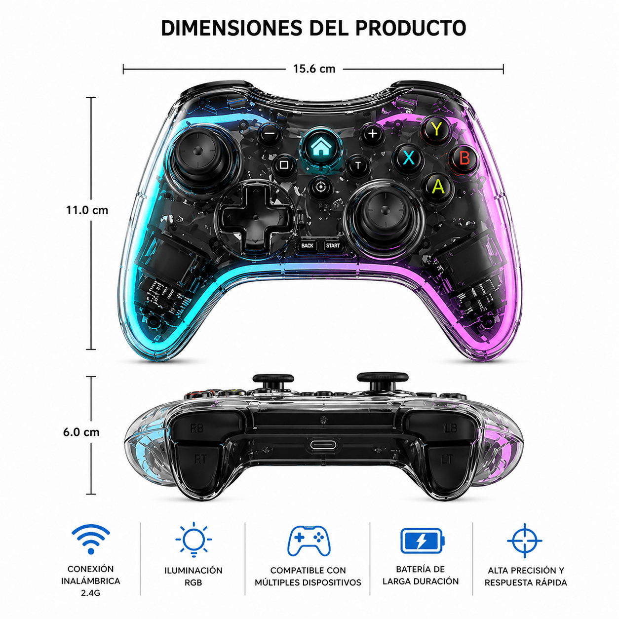 Control Gamer Inalámbrico RGB Transparente 2.4G Multiplataforma