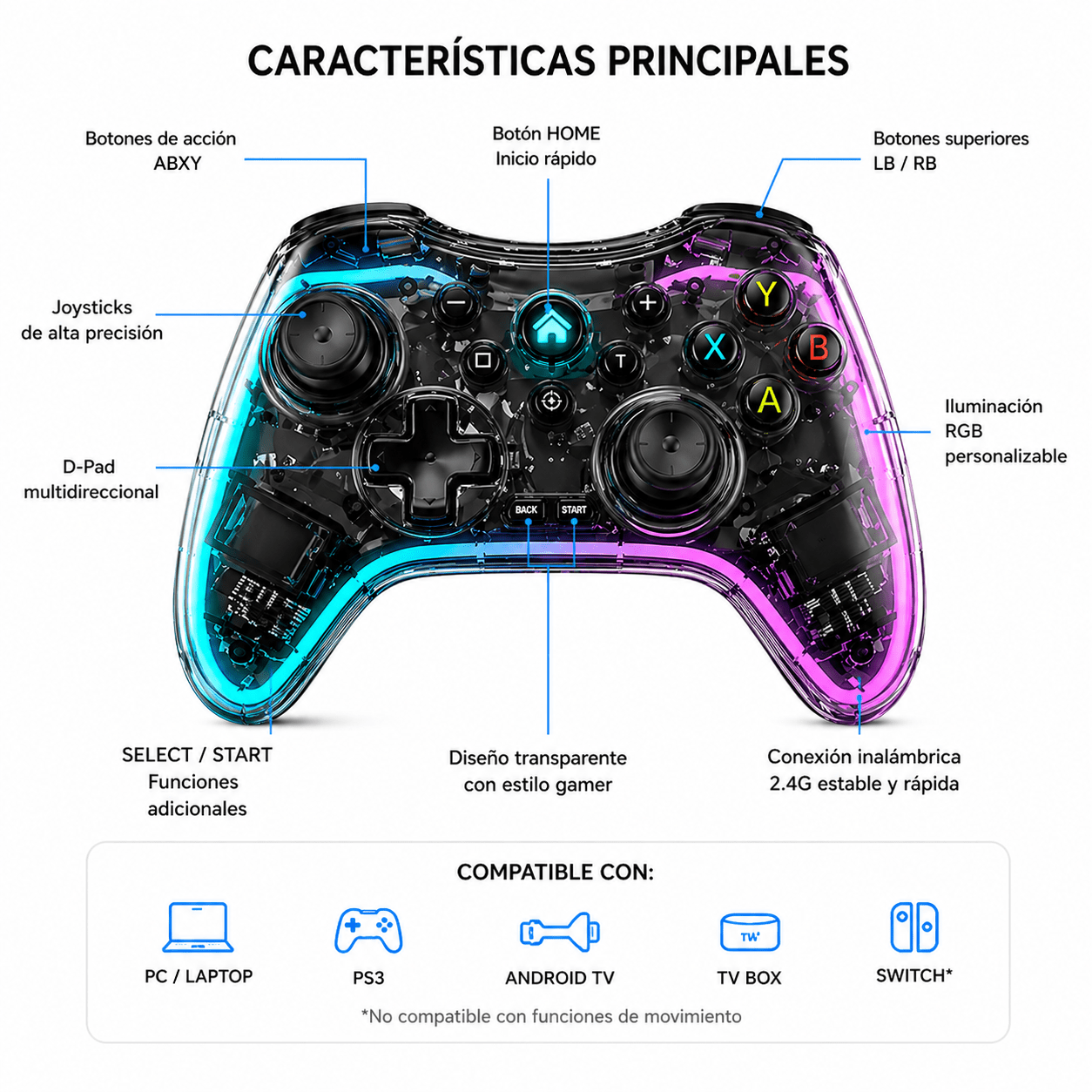 Control Gamer Inalámbrico RGB Transparente 2.4G Multiplataforma