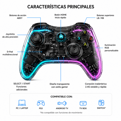 Control Gamer Inalámbrico RGB Transparente 2.4G Multiplataforma