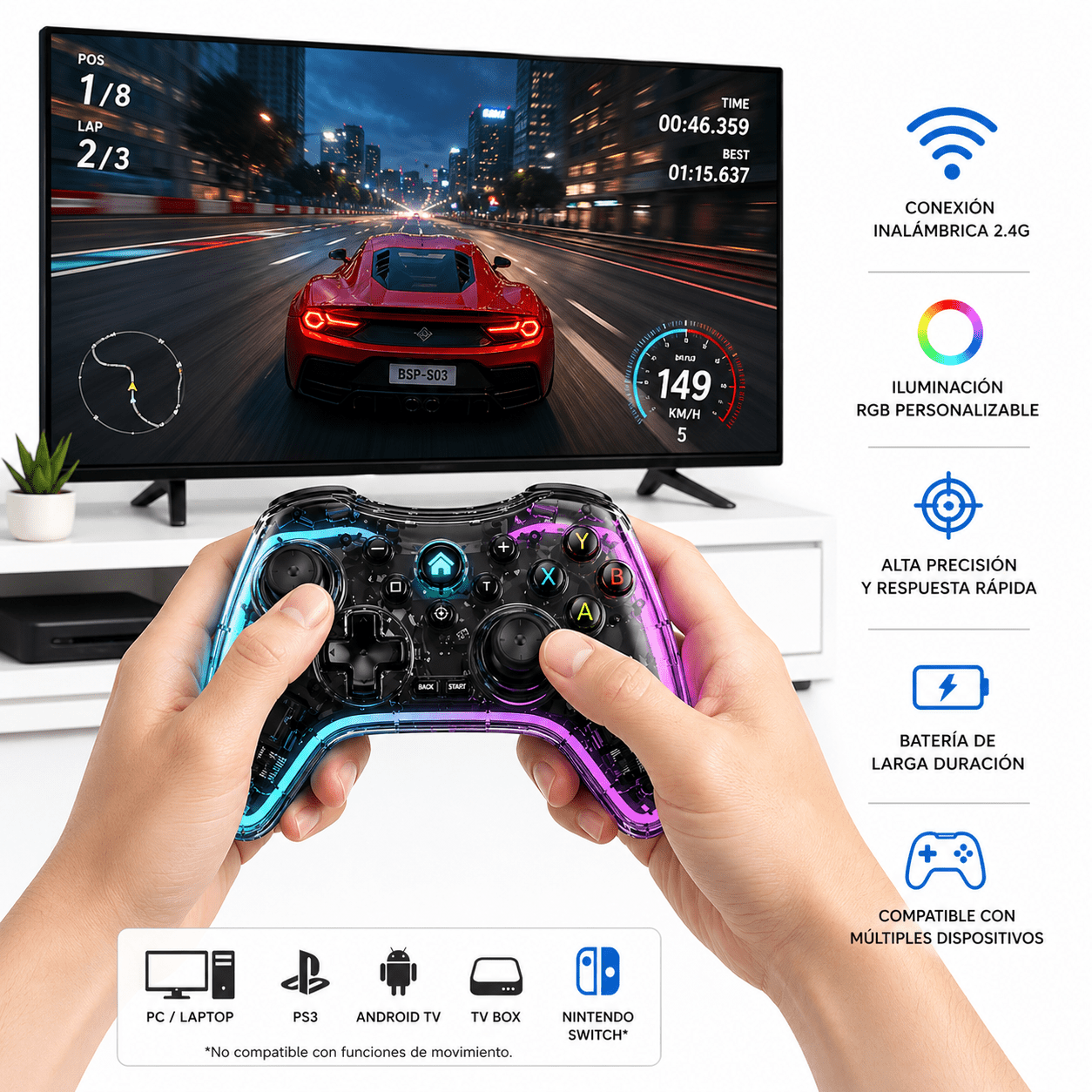 Control Gamer Inalámbrico RGB Transparente 2.4G Multiplataforma