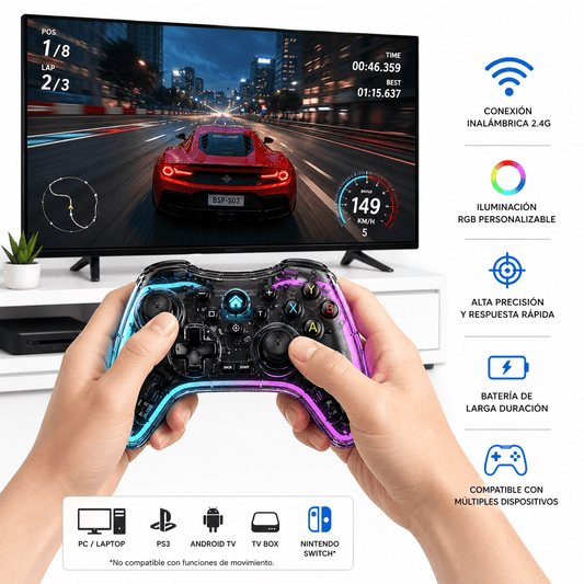 Control Gamer Inalámbrico RGB Transparente 2.4G Multiplataforma