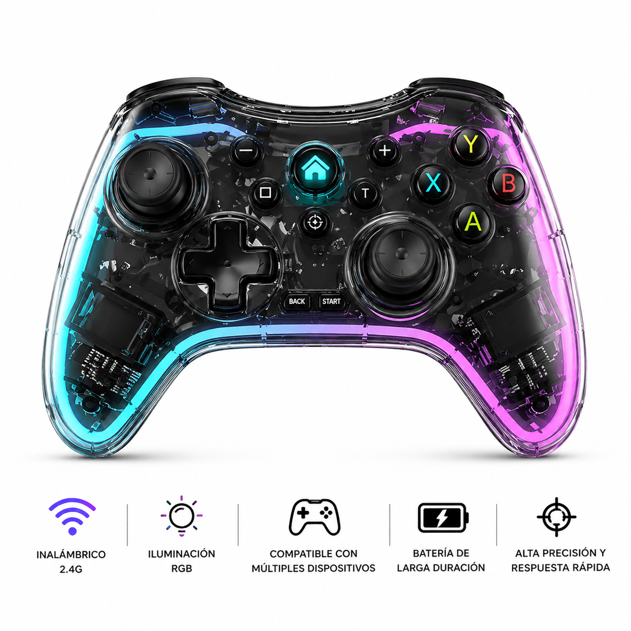 Control Gamer Inalámbrico RGB Transparente 2.4G Multiplataforma