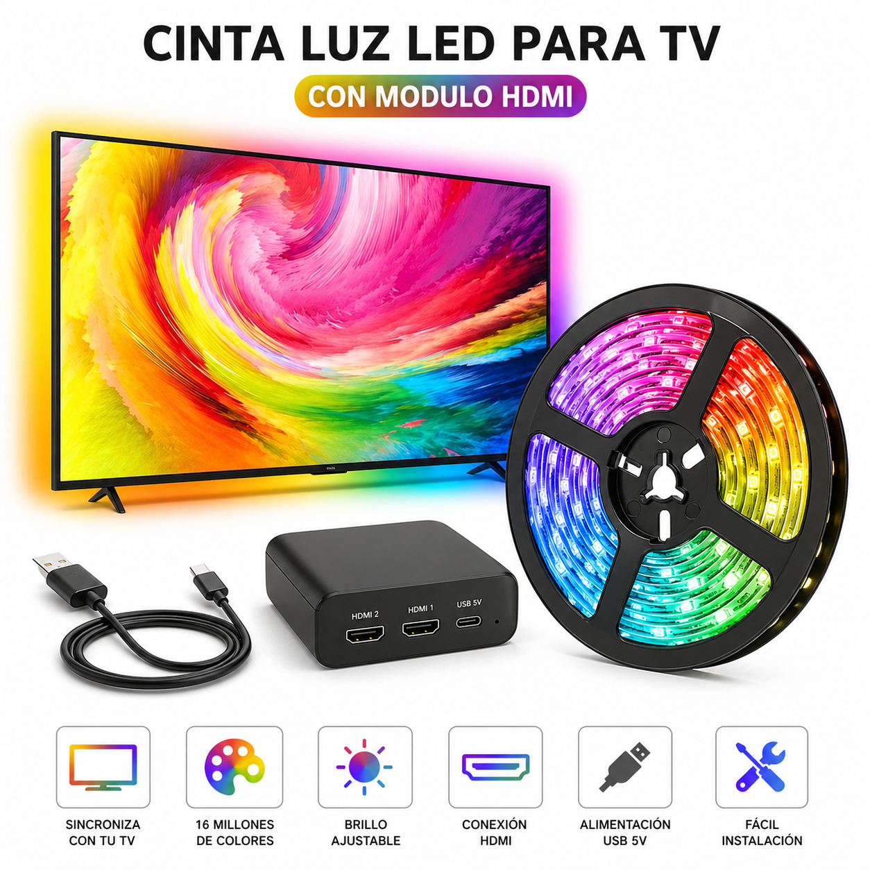 Cinta LED RGB para TV con Módulo HDMI Sincronización en Tiempo Real 16M Colores