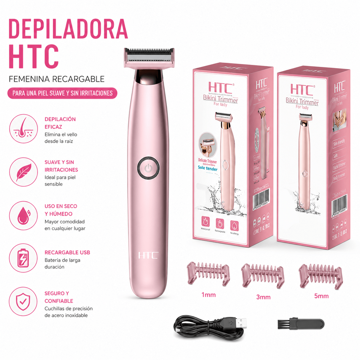Depiladora Femenina HTC Inalámbrica | 3 Cabezales de Precisión