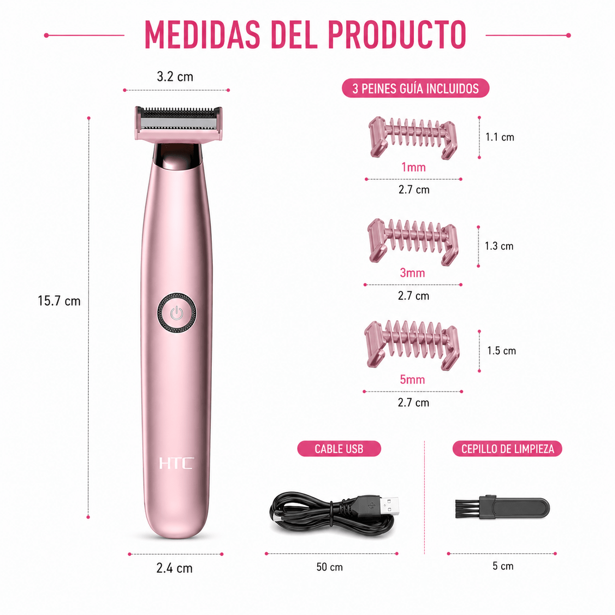 Depiladora Femenina HTC Inalámbrica | 3 Cabezales de Precisión