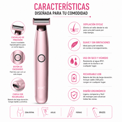 Depiladora Femenina HTC Inalámbrica | 3 Cabezales de Precisión