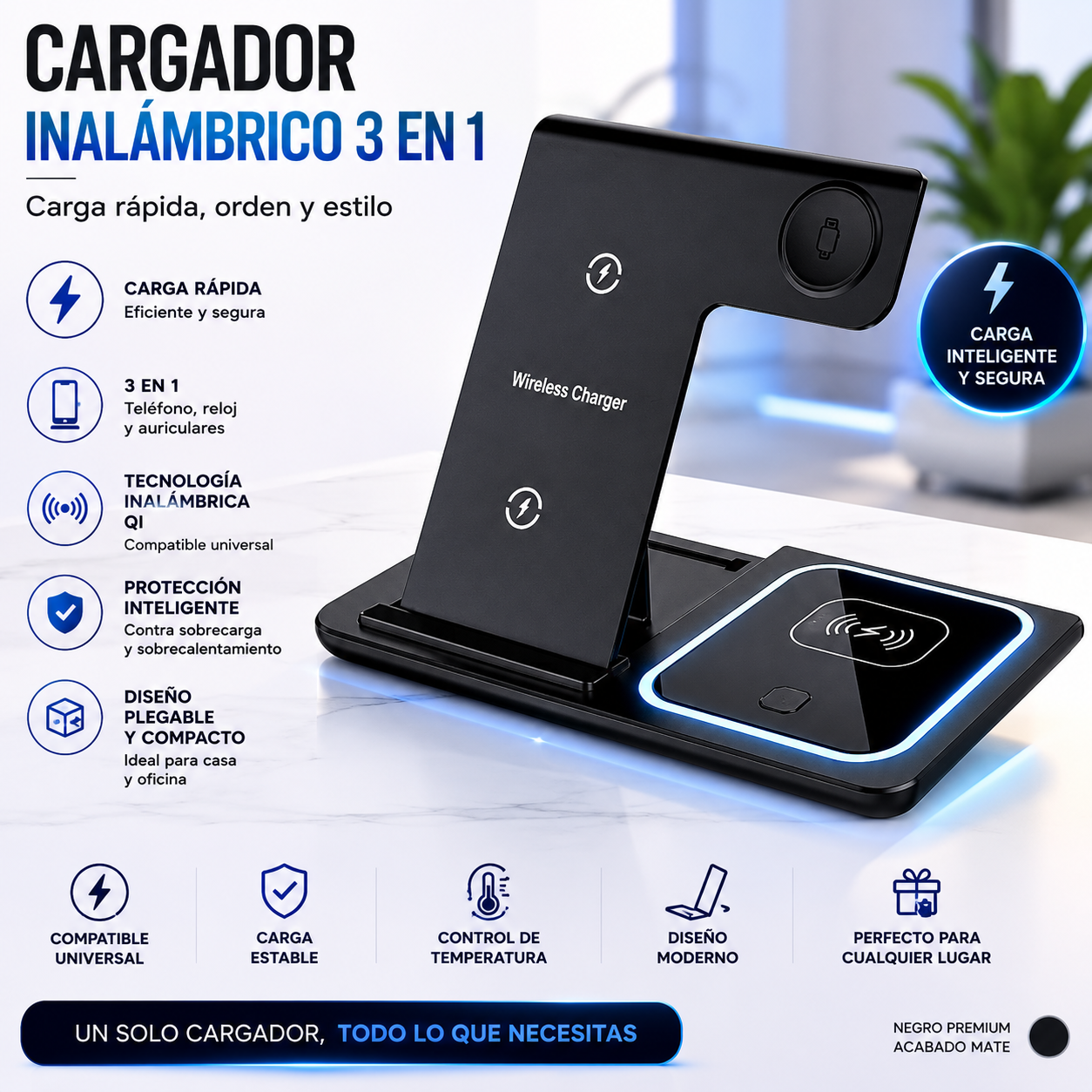 Cargador Inalámbrico 3 en 1 Plegable Carga Rapida para Celular, Smartwatch y Audífonos