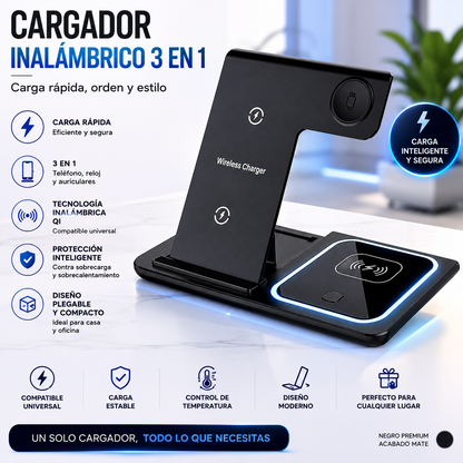 Cargador Inalámbrico 3 en 1 Plegable Carga Rapida para Celular, Smartwatch y Audífonos