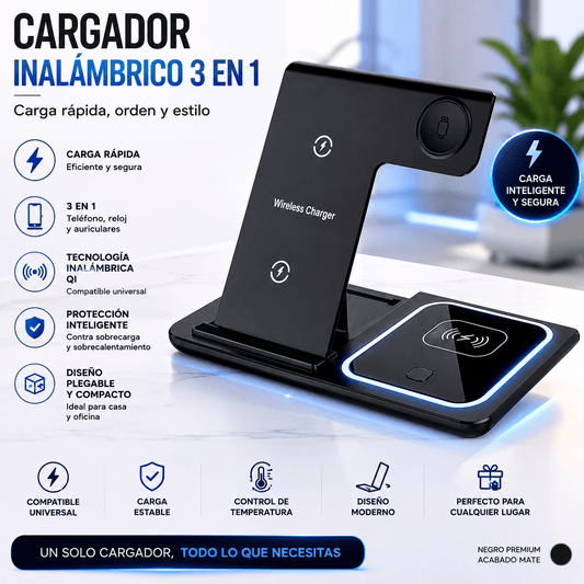 Cargador Inalámbrico 3 en 1 Plegable Carga Rapida para Celular, Smartwatch y Audífonos