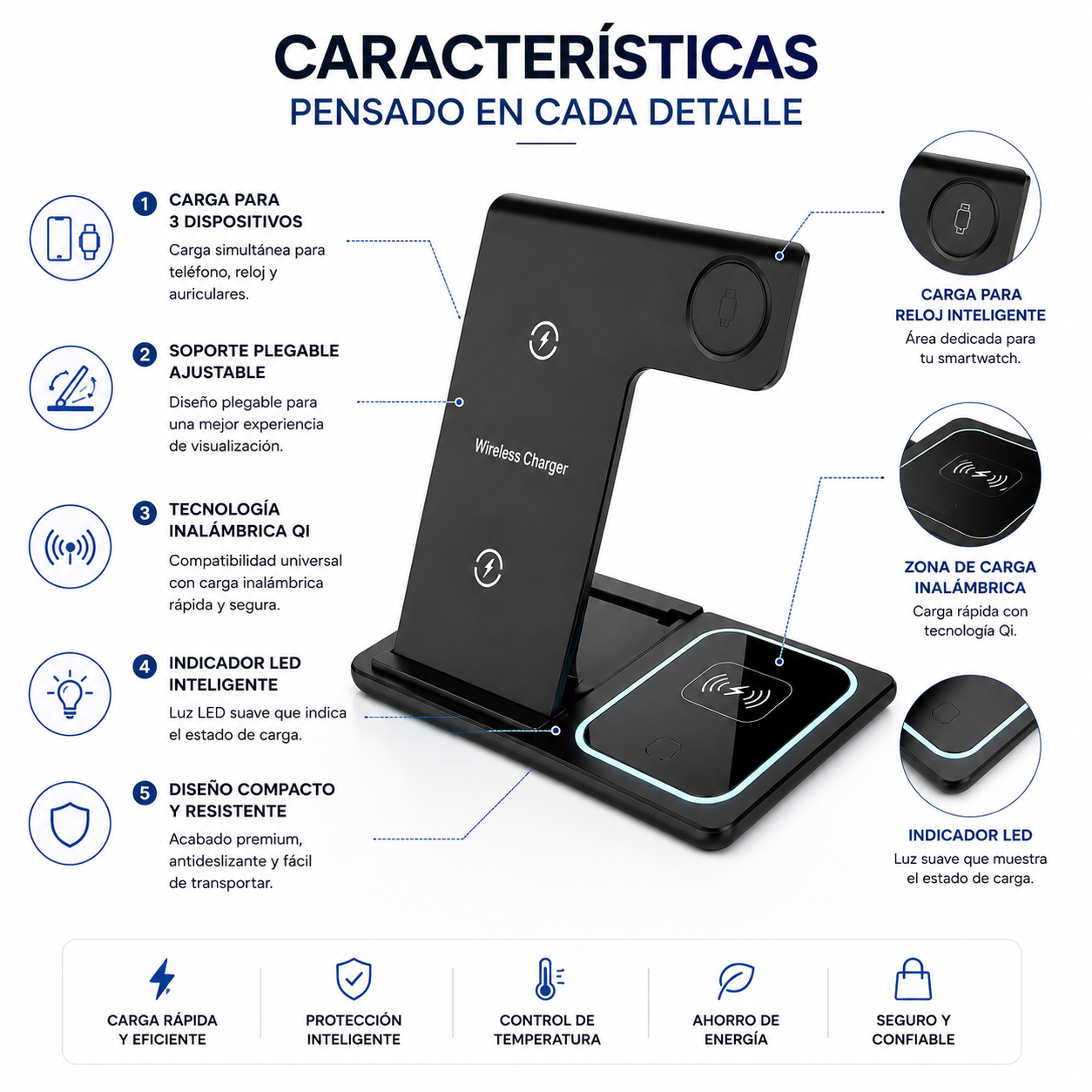 Cargador Inalámbrico 3 en 1 Plegable Carga Rapida para Celular, Smartwatch y Audífonos