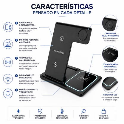 Cargador Inalámbrico 3 en 1 Plegable Carga Rapida para Celular, Smartwatch y Audífonos