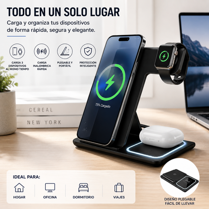 Cargador Inalámbrico 3 en 1 Plegable Carga Rapida para Celular, Smartwatch y Audífonos