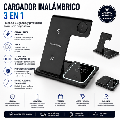 Cargador Inalámbrico 3 en 1 Plegable Carga Rapida para Celular, Smartwatch y Audífonos